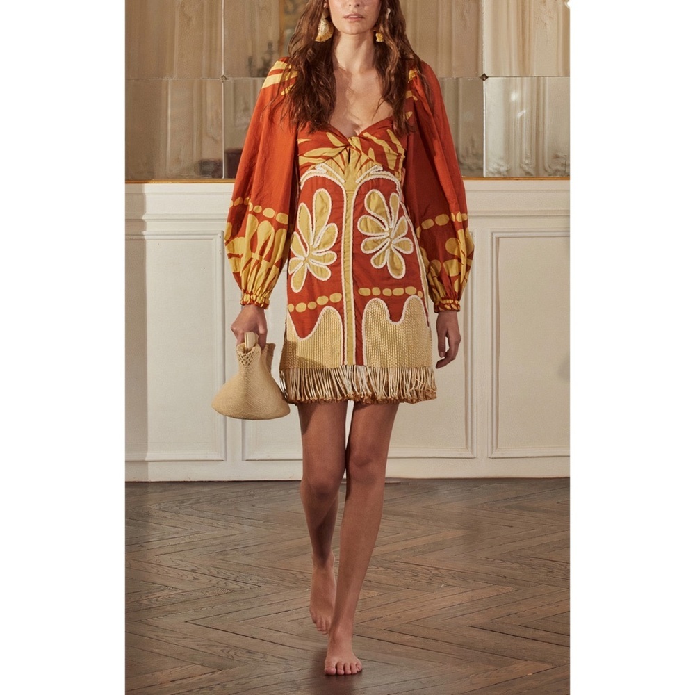 NWT Johanna Ortiz Mini Puff-Sleeve Embroidered Shine A Palm Fringe Dress